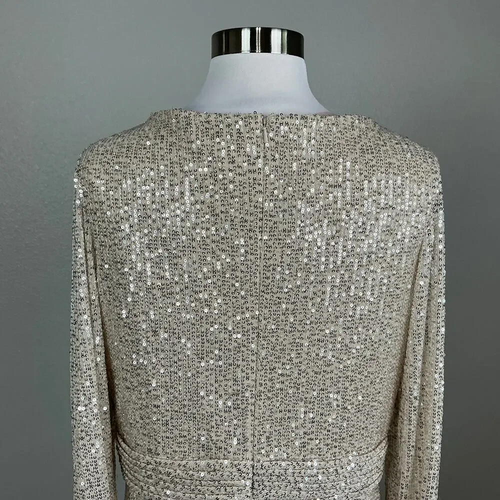 Mac Duggal 26490 Champagne Gold Evening Gown Sequined Long Sleeve Dress Size 16